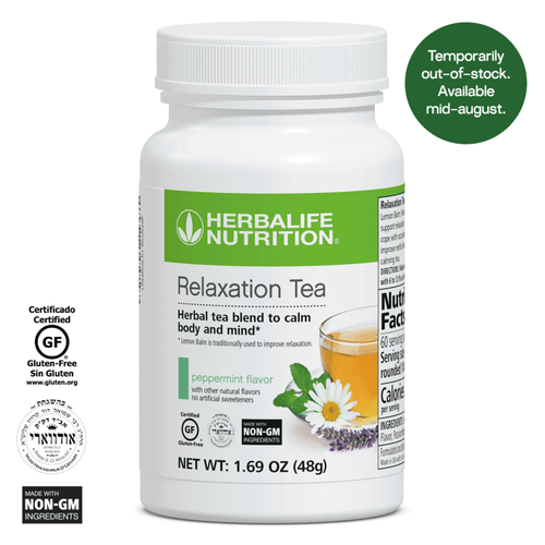 Best Peppermint Relaxation Tea by Herbalife, herbal blend for calming body and mind, temporarily out of stock, peppermint flavor.