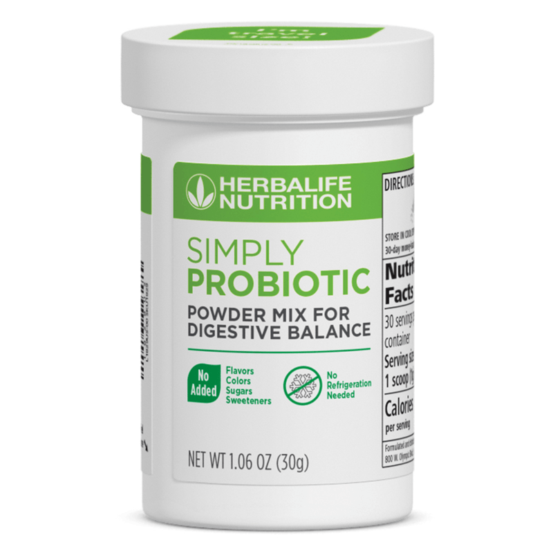 Herbalife Simply Probiotic powder mix for digestive balance in a container with nutrition facts.