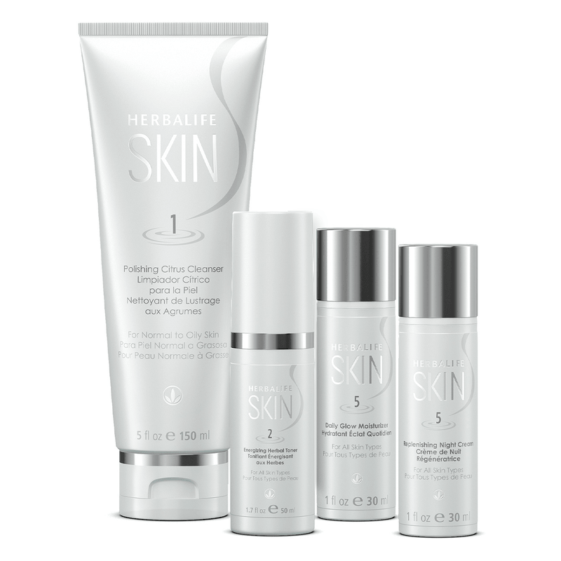 Herbalife SKIN Basic Program includes Polishing Citrus Cleanser, Daily Clear Moisturizer, and Replenishing Night Cream.
