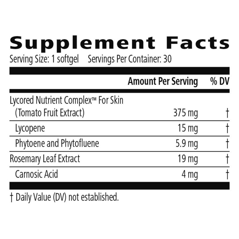 Supplement facts for NaturalVive LycoGlow supplement highlighting key ingredients and amounts per serving.