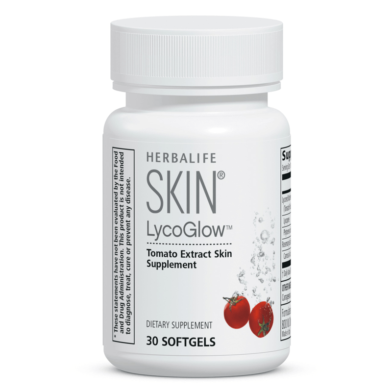 NaturalVive LycoGlow tomato extract skin supplement by Herbalife in a 30 softgel bottle.