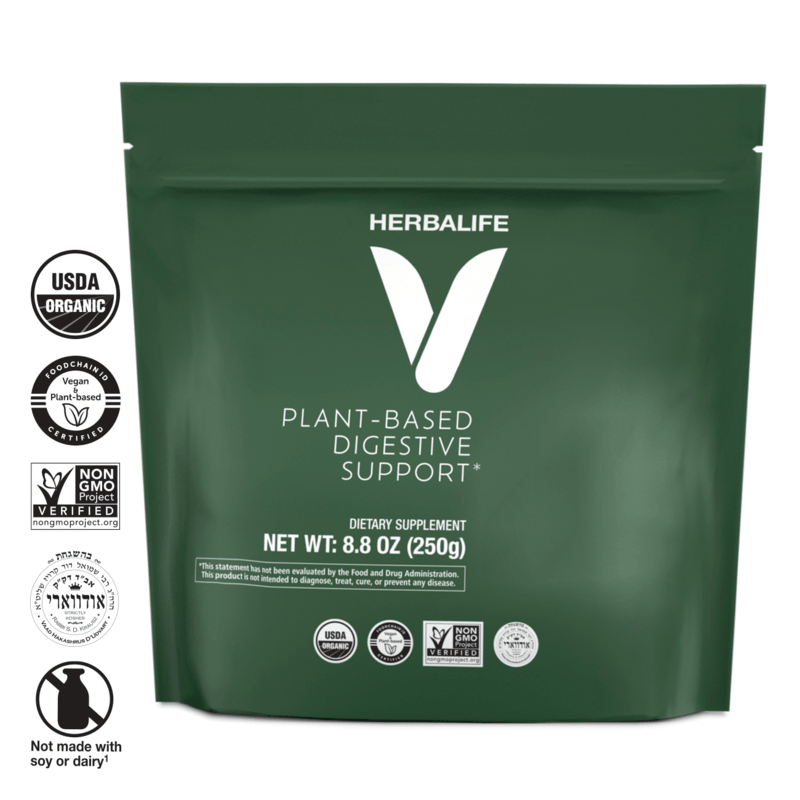 HERBALIFE V Plant-Based Digestive Support powder bag with USDA organic certification and dietary supplement information.