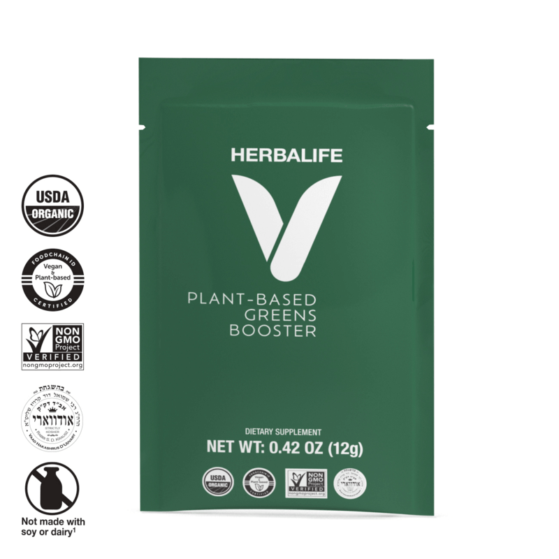 NaturalVive's HERBALIFE V Plant-Based Greens Booster Single-Serve Packet with USDA organic and vegan labels.