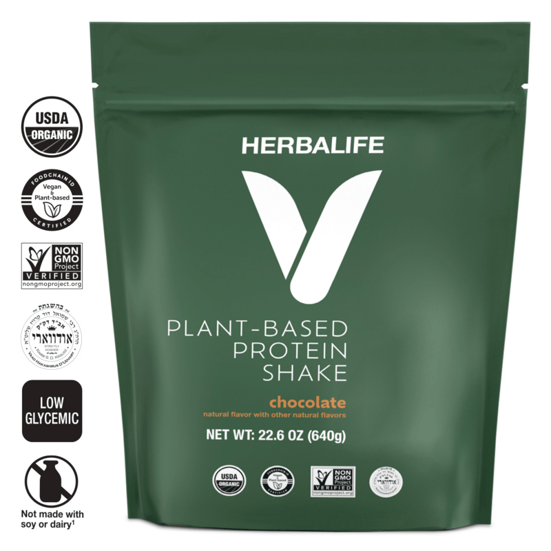 HERBALIFE V Plant-Based Protein Shake chocolate flavor package with organic certification and nutritional labels.