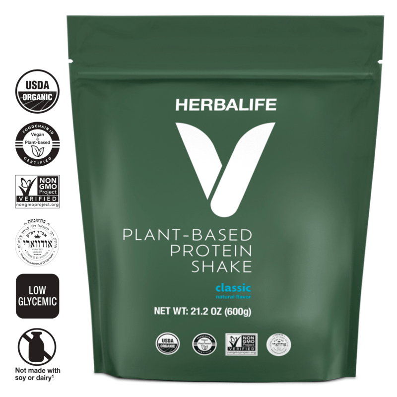 HERBALIFE V Plant-Based Protein Shake packaging featuring USDA organic and non-GMO labels.