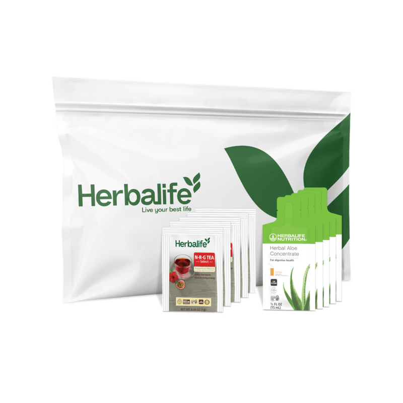 NaturalVive's weight loss bundle featuring Herbalife products including tea and aloe concentrate in a pouch.