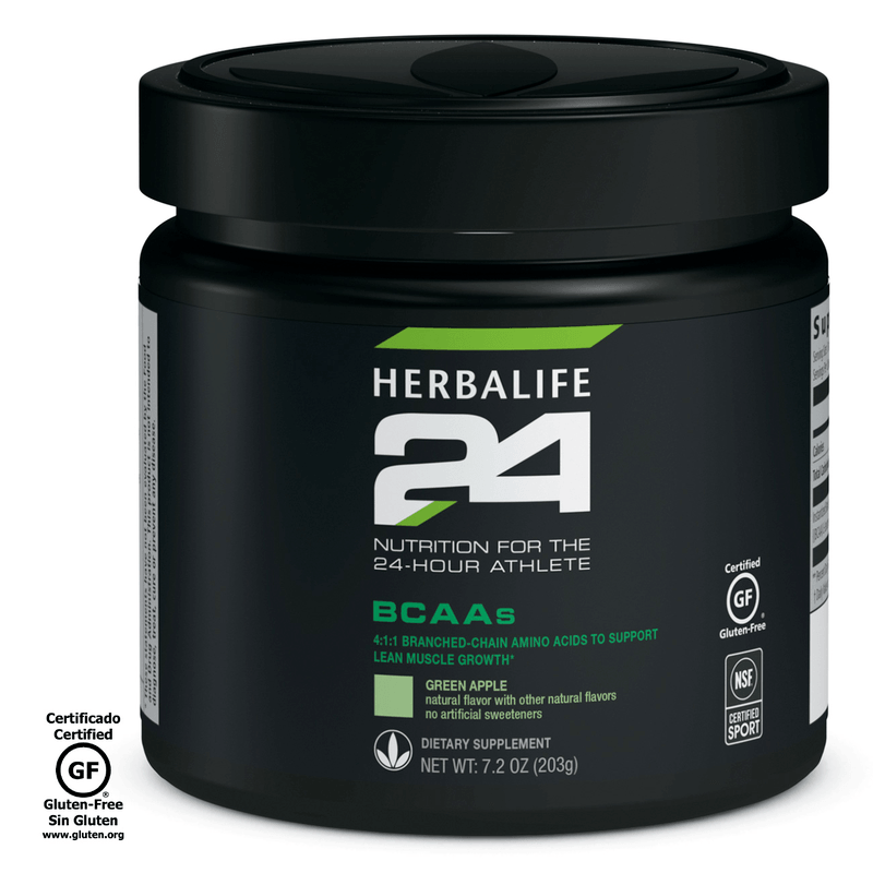 Herbalife24 BCAAs Green Apple dietary supplement for muscle growth in a 7.2 oz container with gluten-free certification.