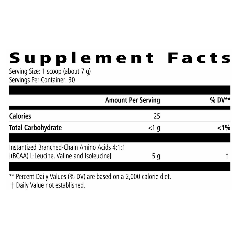 Supplement facts for Herbalife24® BCAAs Green Apple, including calories and amino acid details.