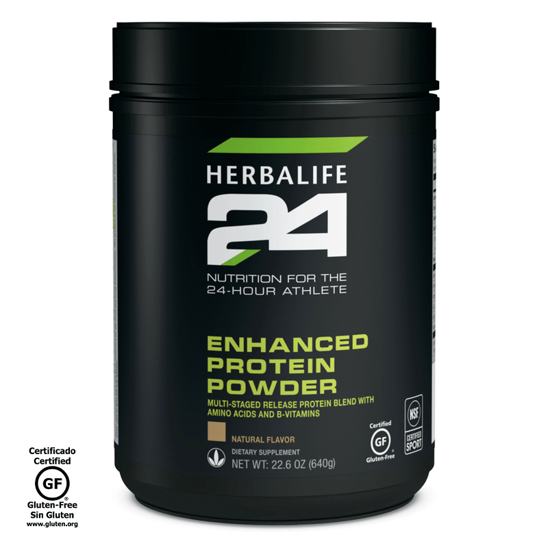Black container of Herbalife 24 Enhanced Protein Powder on a white background