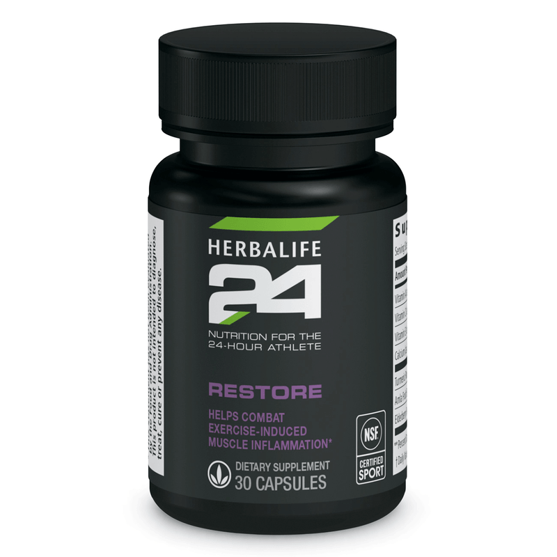 Herbalife24 Restore dietary supplement bottle for combating exercise-induced inflammation, 30 capsules.
