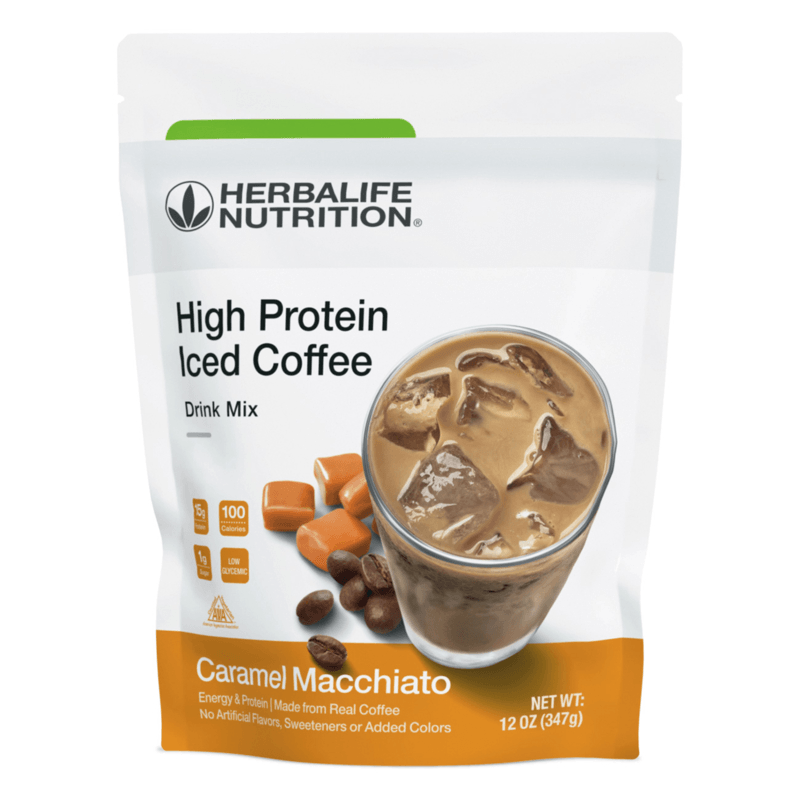 NaturalVive High Protein Iced Coffee drink mix packaging featuring Caramel Macchiato flavor with iced coffee and coffee beans.