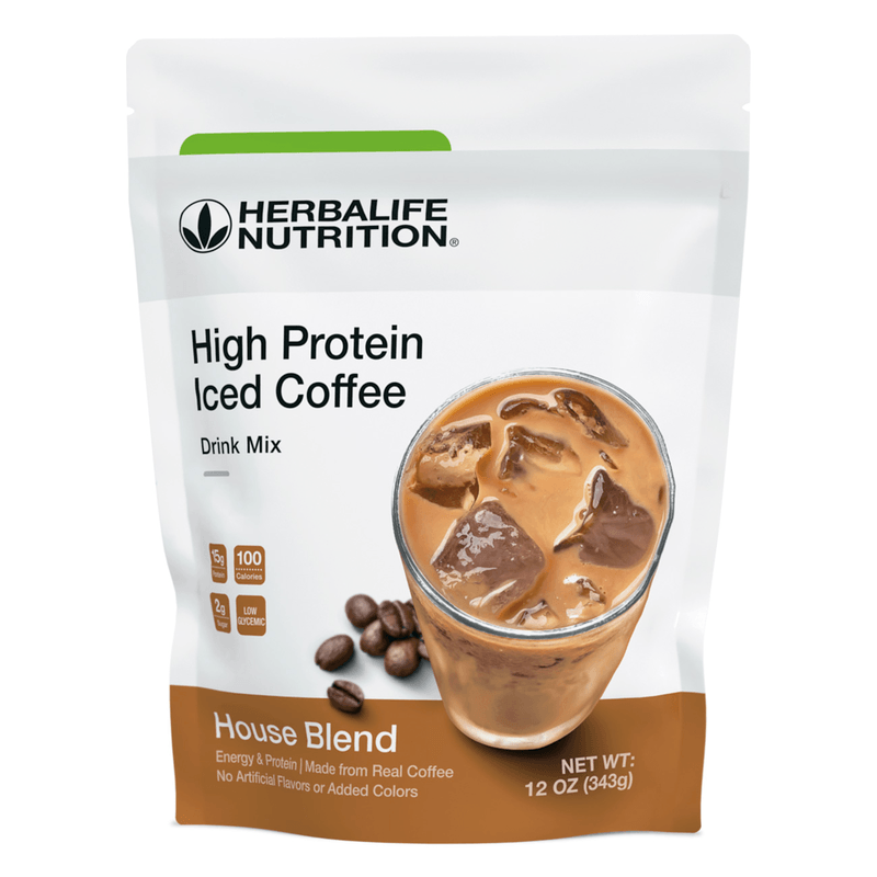 NaturalVive High Protein Iced Coffee drink mix package with iced coffee and coffee beans.