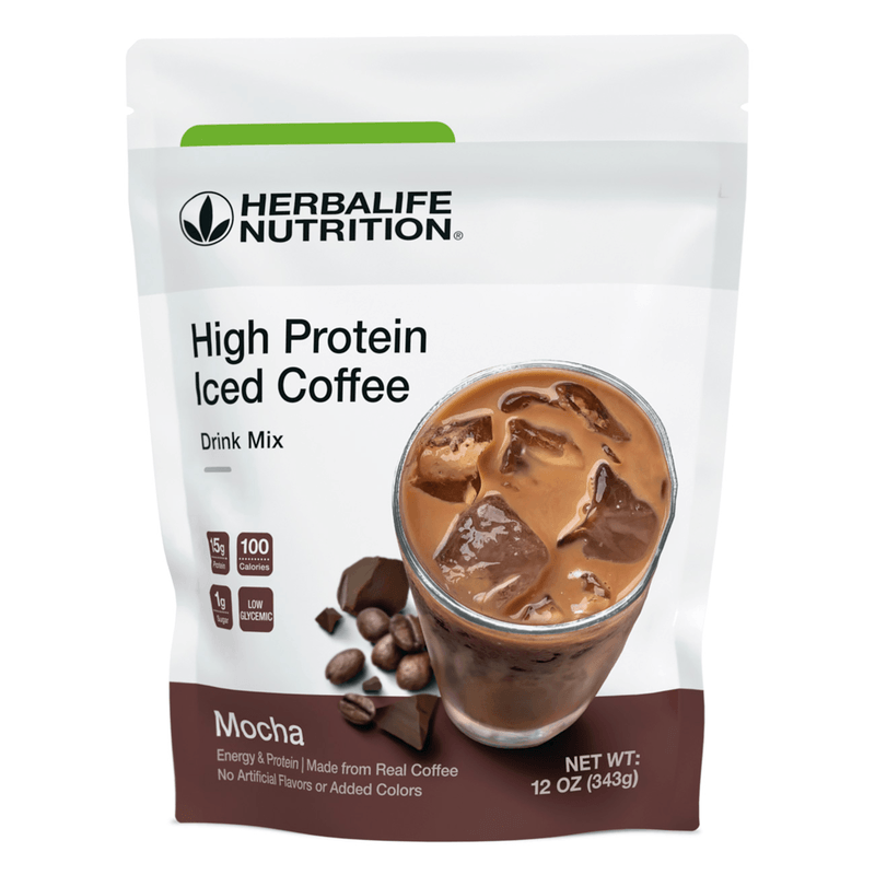 NaturalVive High Protein Iced Coffee in a package with a delicious mocha drink served over ice.