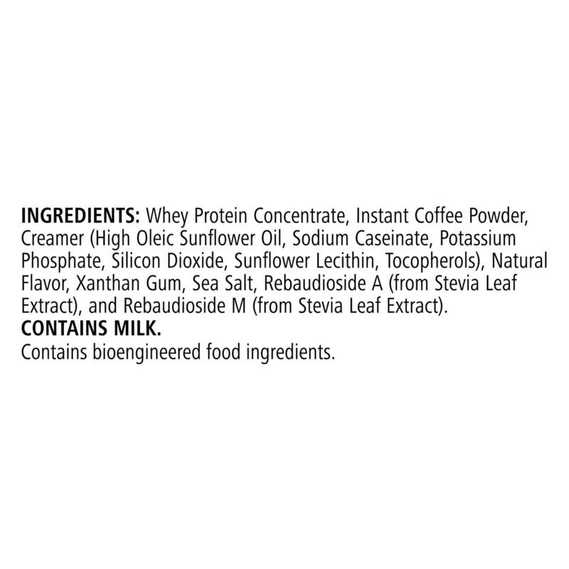 Ingredients list for NaturalVive High Protein Iced Coffee, including whey protein, coffee powder, and natural flavoring.