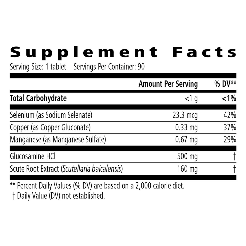 Supplement facts for NaturalVive's Joint Support Advanced showing nutrients like glucosamine, selenium, copper, and manganese.