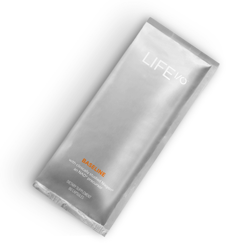 NaturalVive Life I/O Baseline supplement packaging for cellular energy and mitochondrial support.