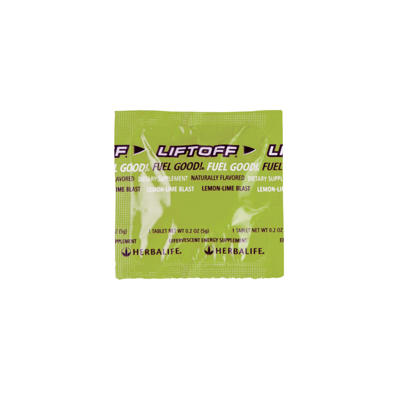 NaturalVive Liftoff® effervescent dietary supplement in lemon-lime flavor, individually wrapped for energy boost.