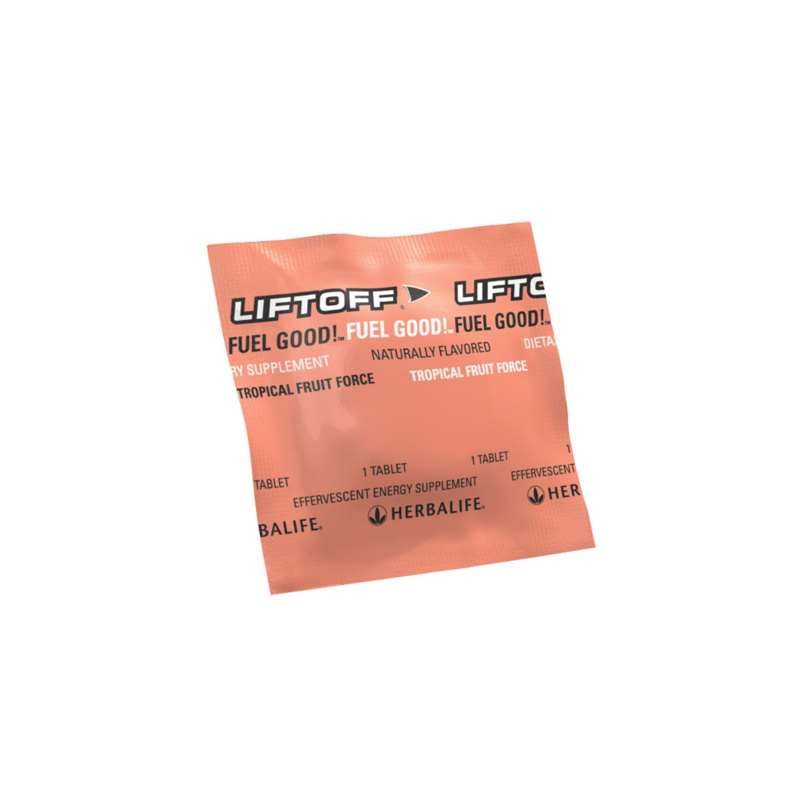 NaturalVive Liftoff dietary supplement tablet in Tropical Fruit flavor packaging.