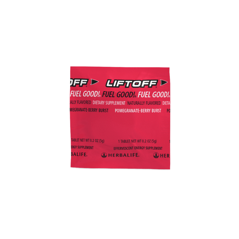 NaturalVive Liftoff® effervescent dietary supplement in pomegranate-berry burst flavor, individually wrapped.
