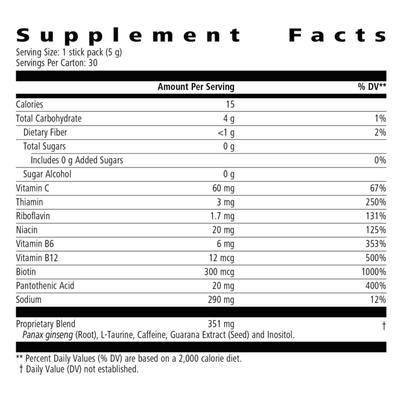Supplement facts for NaturalVive Liftoff® stick pack, detailing calories, vitamins, and proprietary blend ingredients.