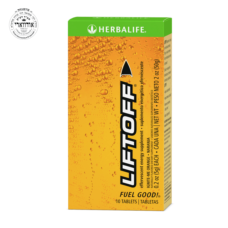 NaturalVive Liftoff® effervescent energy supplement tablets in orange packaging with refreshing bubbles.