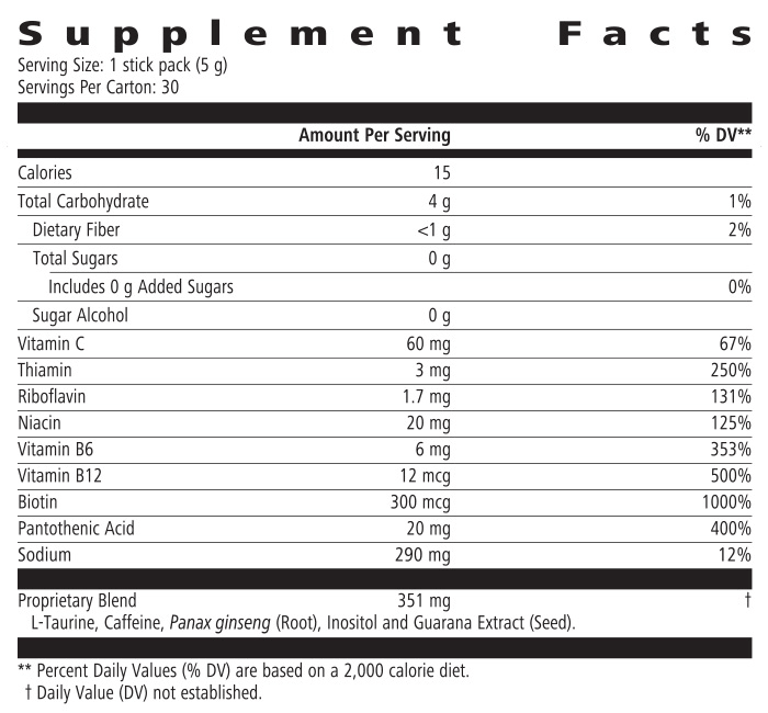 NaturalVive Liftoff Supplement Facts showing nutritional content and ingredients in each stick pack.
