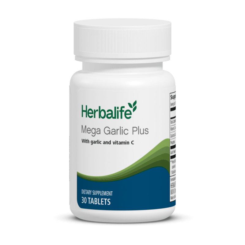 Mega Garlic Plus by Herbalife: NaturalVive dietary supplement with garlic and vitamin C, 30 tablets for heart health.