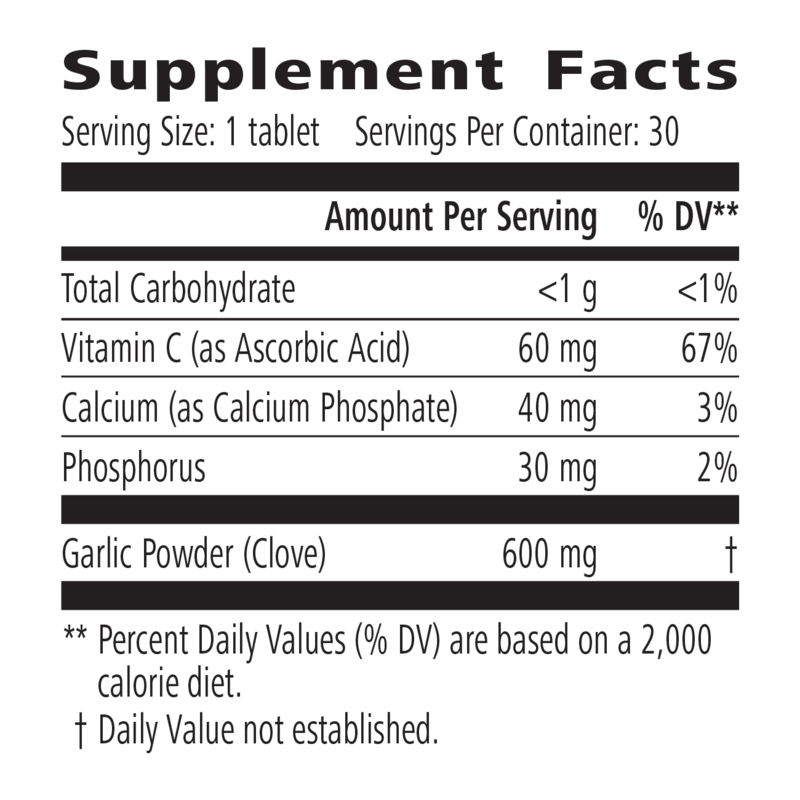 Supplement Facts for Mega Garlic Plus: NaturalVive, showing serving size, nutrients, and garlic powder content.