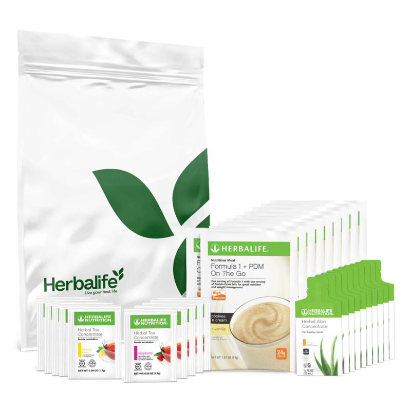 Classics On-the-Go Kit featuring Herbalife products from NaturalVive, including herbal tea and shakes for easy nutrition.