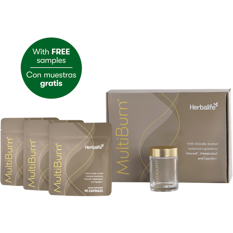 MultiBurn™ 90-Day Kit by NaturalVive, showcasing capsules and a bottle with free samples included.