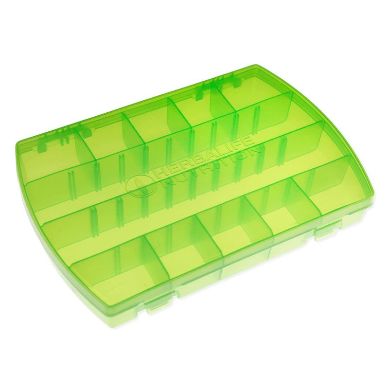 NaturalVive translucent green tablet box with multiple compartments for organization.