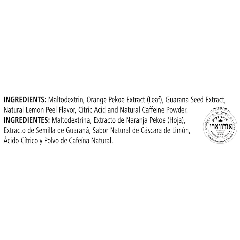 Ingredients list for NaturalVive's N-R-G Tea including maltodextrin, orange pekoe extract, guarana seed extract, and lemon peel flavor.