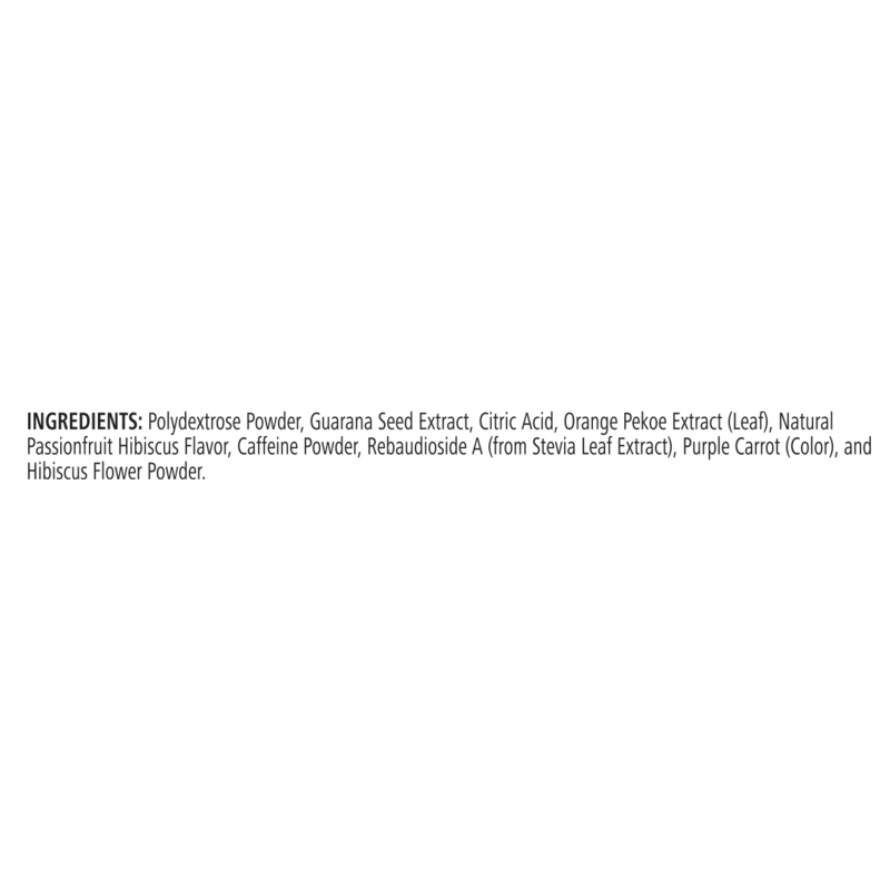 Ingredients list for NaturalVive N-R-G Tea Select: Passionfruit Hibiscus, highlighting natural components.