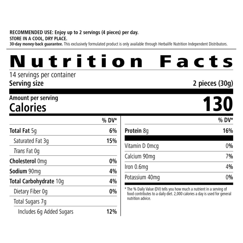 Nutrition facts label for Protein Bites by NaturalVive, detailing calories, protein, fat, carbohydrates, and serving size.