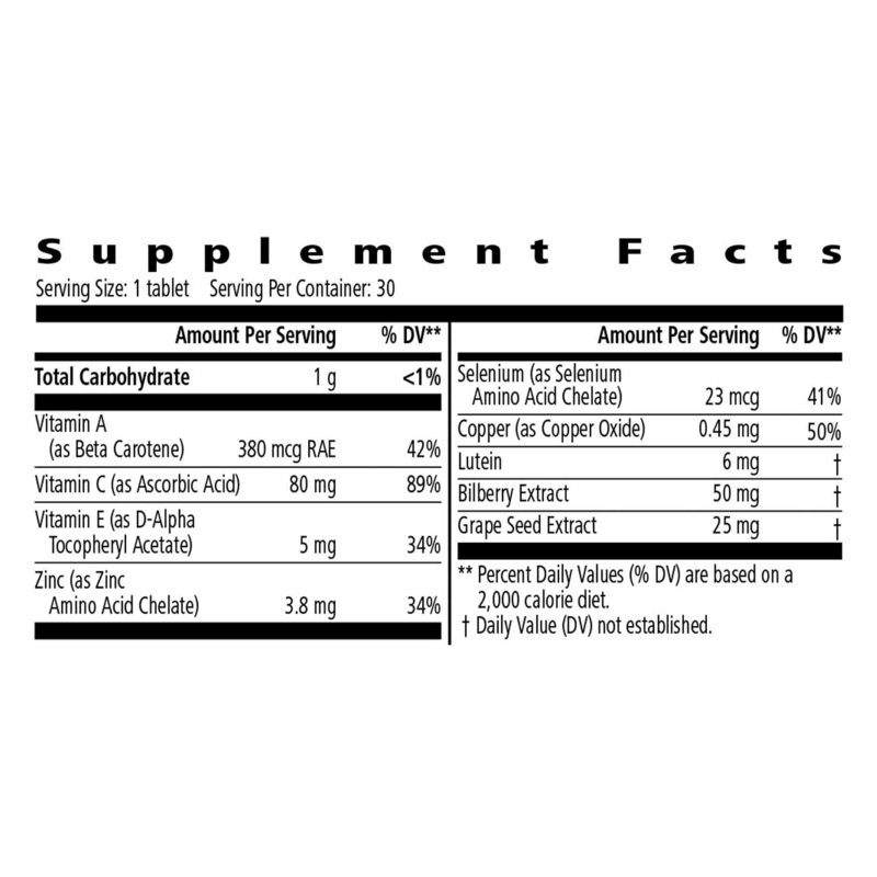 Supplement facts for NaturalVive Ocular Defense Formula including vitamins and minerals for eye health support.