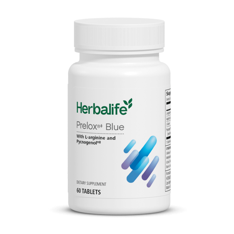 NaturalVive's Prelox Blue dietary supplement bottle with L-arginine and Pycnogenol, 60 tablets.