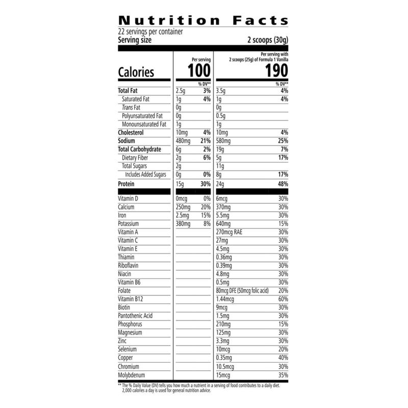 Nutrition facts label for Protein Baked Goods Mix from NaturalVive, detailing calories and nutrients per serving.