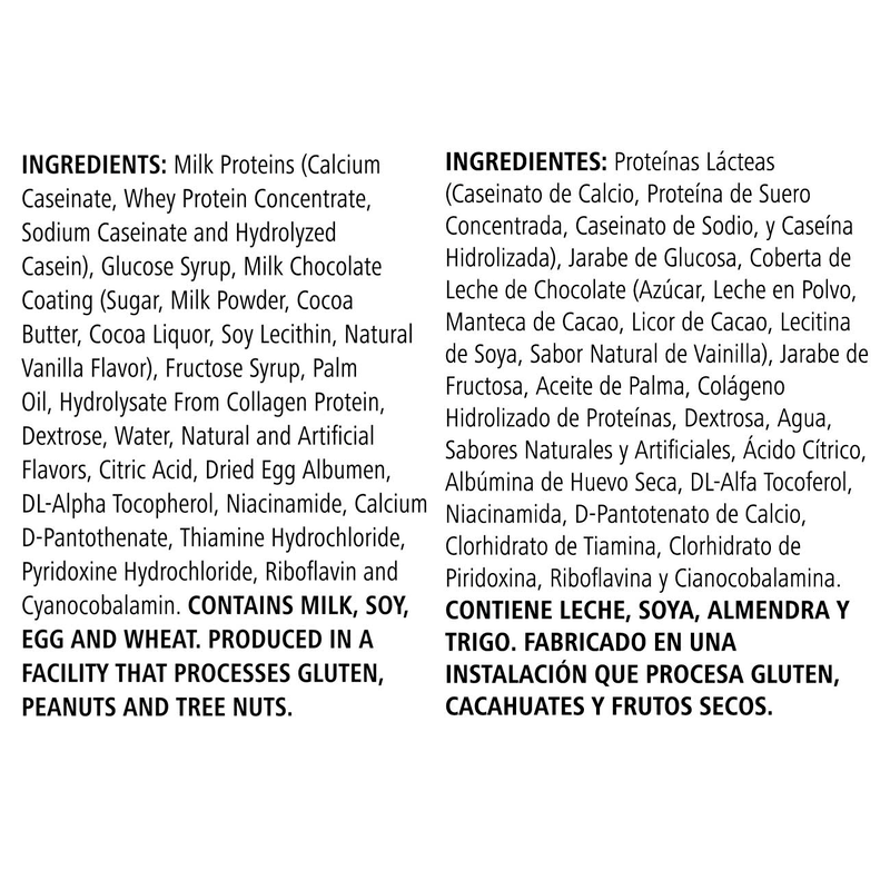 Ingredients list for Protein Bar Deluxe featuring natural milk proteins and various flavors, sourced for NaturalVive quality snacks.