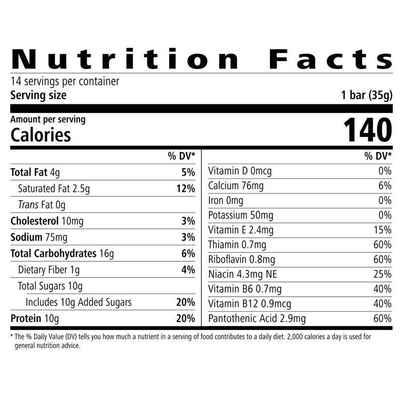 Nutrition facts label for Protein Bar Deluxe by NaturalVive showing 140 calories, 10g protein, and key nutrients.