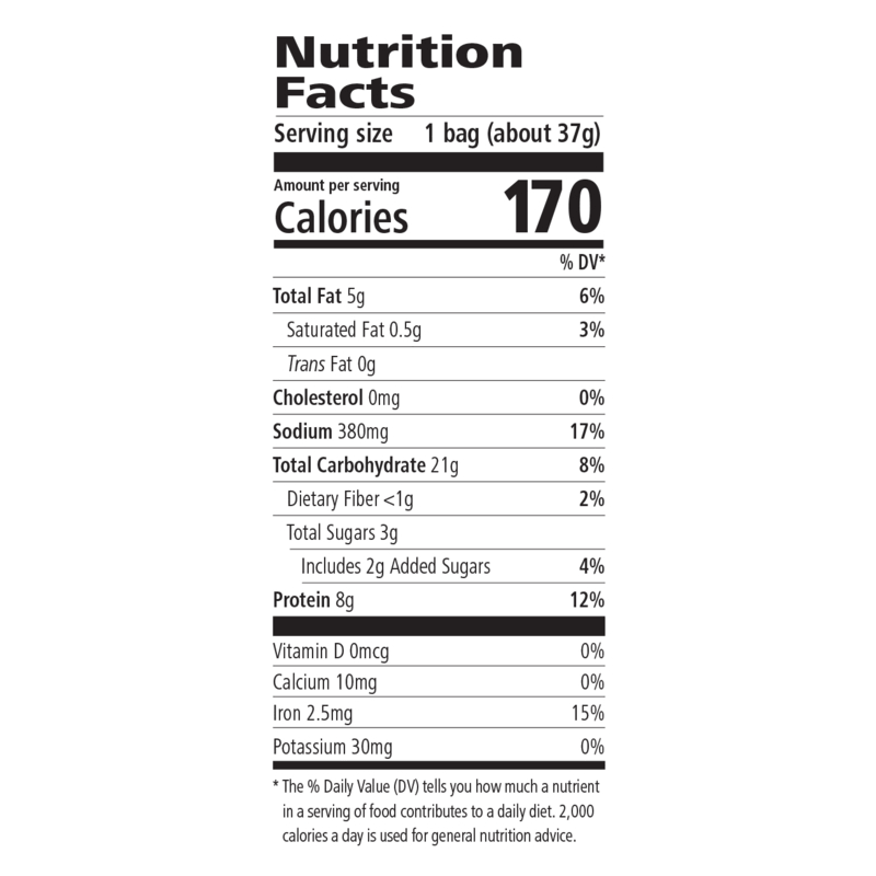 Nutrition facts for Protein Chips from NaturalVive, showing calories, fat, sodium, carbohydrates, and protein content.