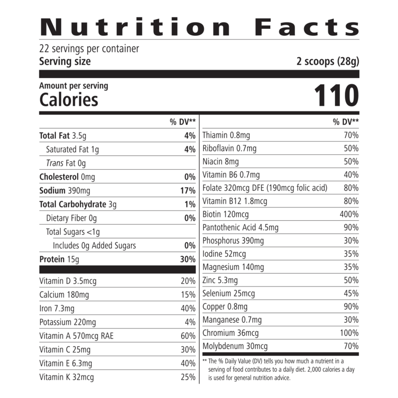 Nutrition Facts for Protein Drink Mix NaturalVive: 110 calories, 15g protein, serving size 2 scoops (28g), 22 servings per container.