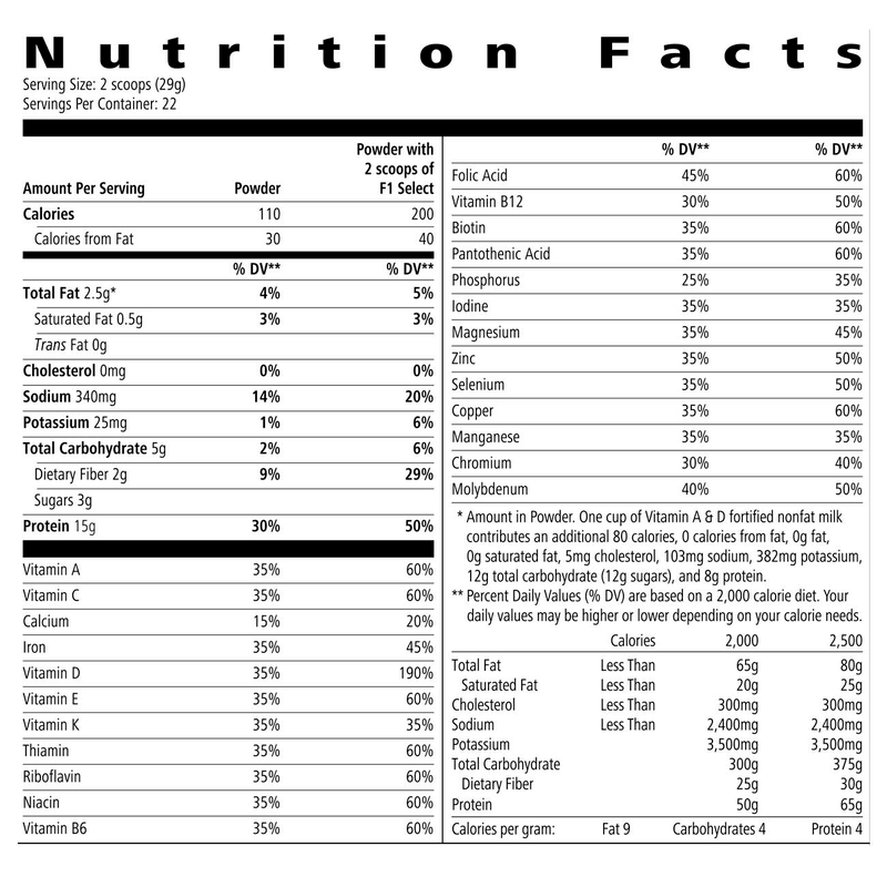 Nutrition facts for NaturalVive's Protein Drink Mix Select showing calories, vitamins, and nutritional values.
