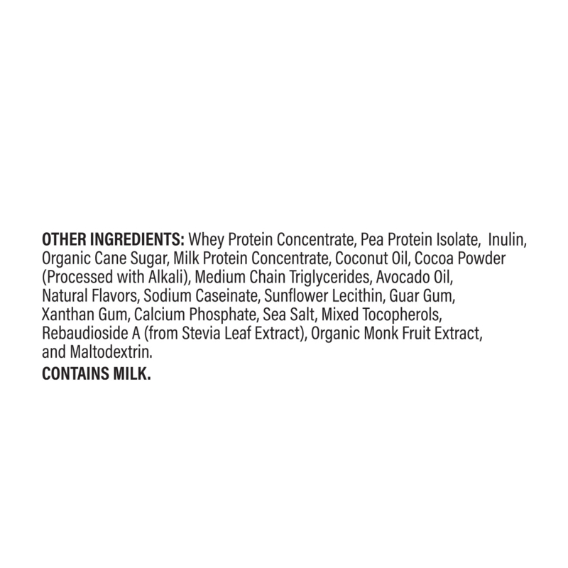 A white square graphic with black text listing other ingredients, including whey protein concentrate, pea protein isolate, inulin, organic cane sugar, milk protein concentrate, coconut oil, cocoa powder, medium chain triglycerides, avocado oil, natural flavors, sodium caseinate, sunflower lecithin, guar gum, xanthan gum, calcium phosphate, sea salt, mixed tocopherols, rebaudioside A, and stevia leaf extract. It also states 'CONTAINS MILK.